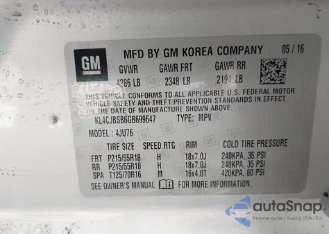 2016 Buick Encore Convenience из США, поврежденный, VIN KL4CJBSB6GB699647